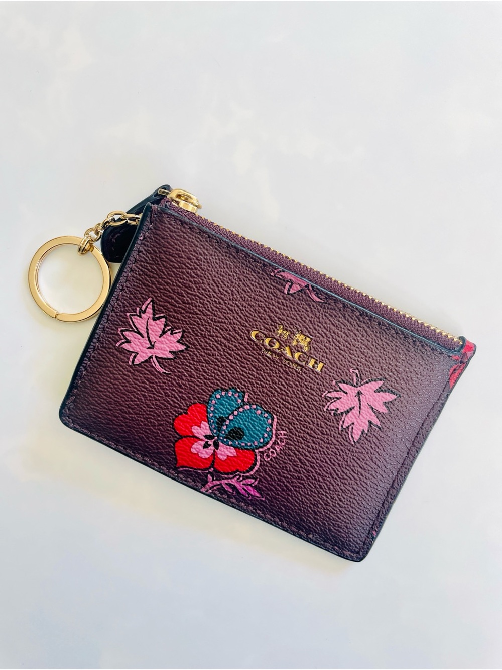 Coach Mini Skinny ID Case Wildflower Burgundy Floral Zip Card Case Keyring
